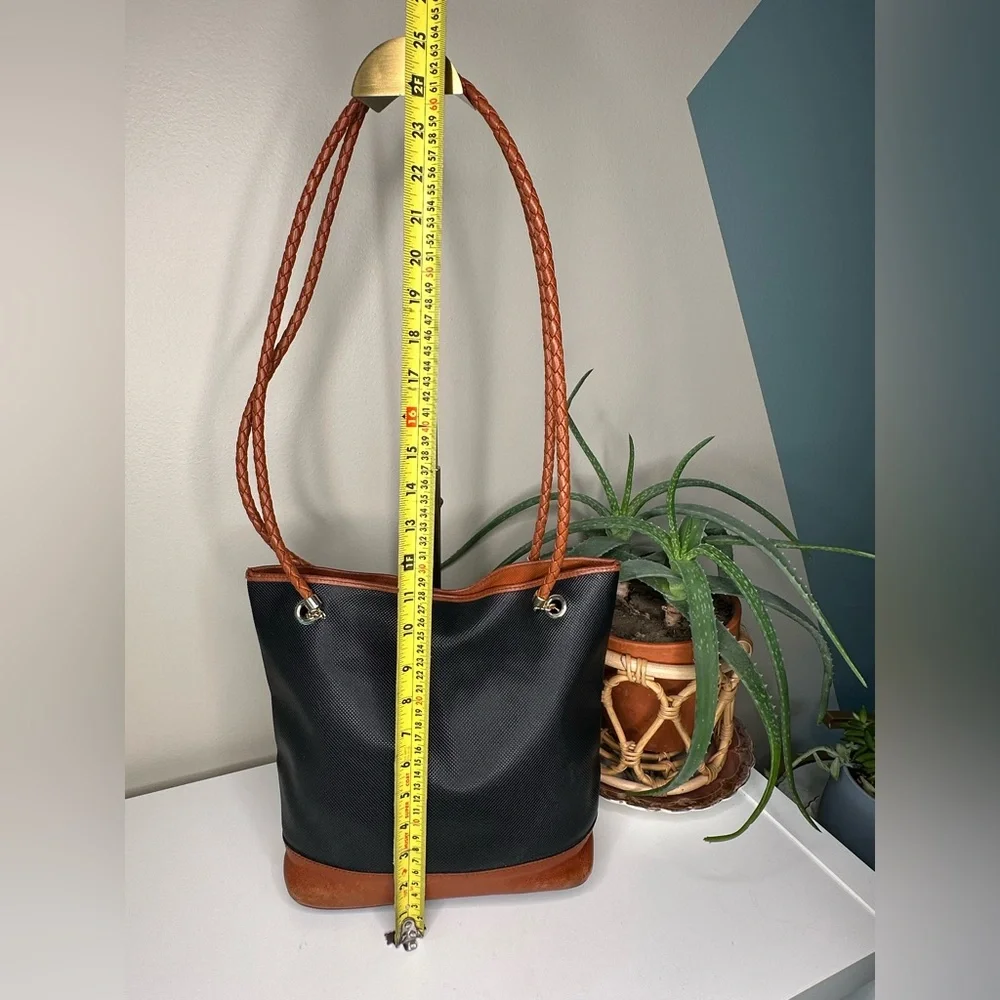 Vintage Bottega Veneta Bucket Bag Black Canvas Cognac Leather Braid Italy Made - Picture 10 of 12